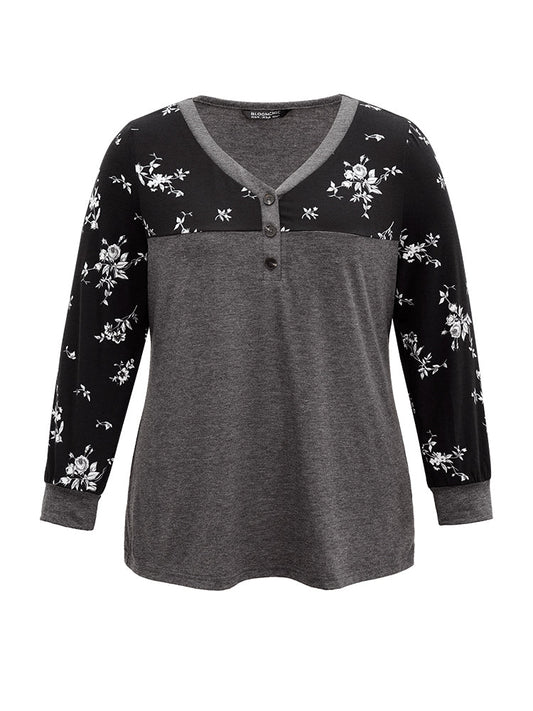 Floral Print Patchwork Button Up T-shirt
