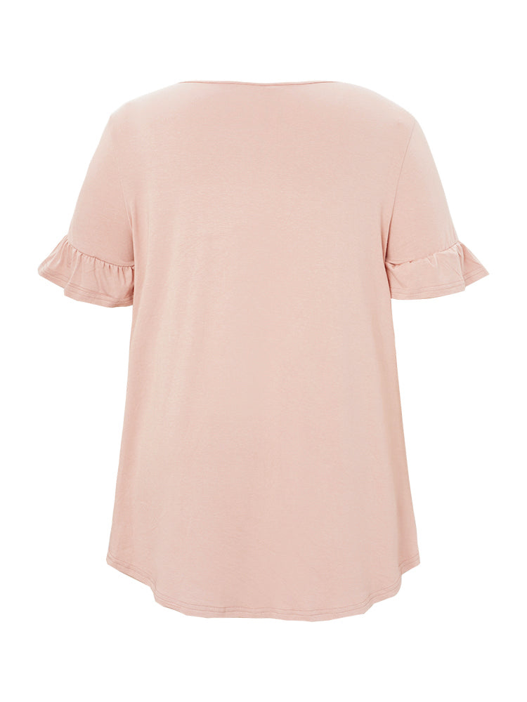 Solid Gathered Ruffle Sleeve Round Neck T-shirt