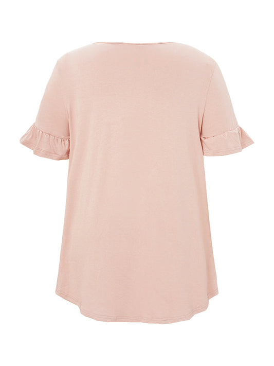 Solid Gathered Ruffle Sleeve Round Neck T-shirt