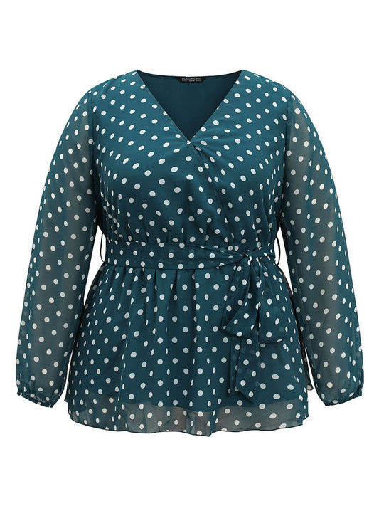 Polka Dot Belted Wrap Mesh Patchwork Blouse