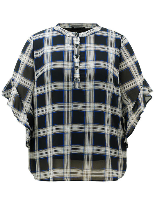 Plaid Button Up Ruffles Bell Sleeve Blouse