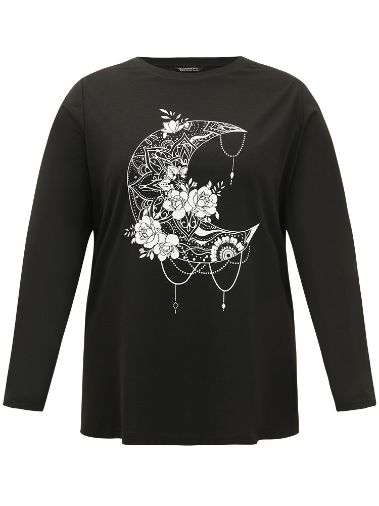 Moon & Floral Print Round Neck T-shirt