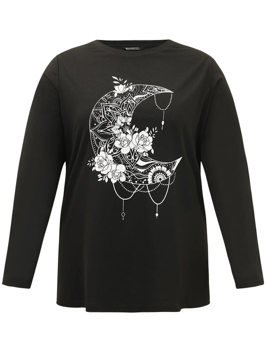 Moon & Floral Print Round Neck T-shirt