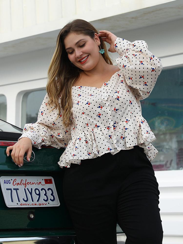 Polka Dot Lantern Sleeve Blouse