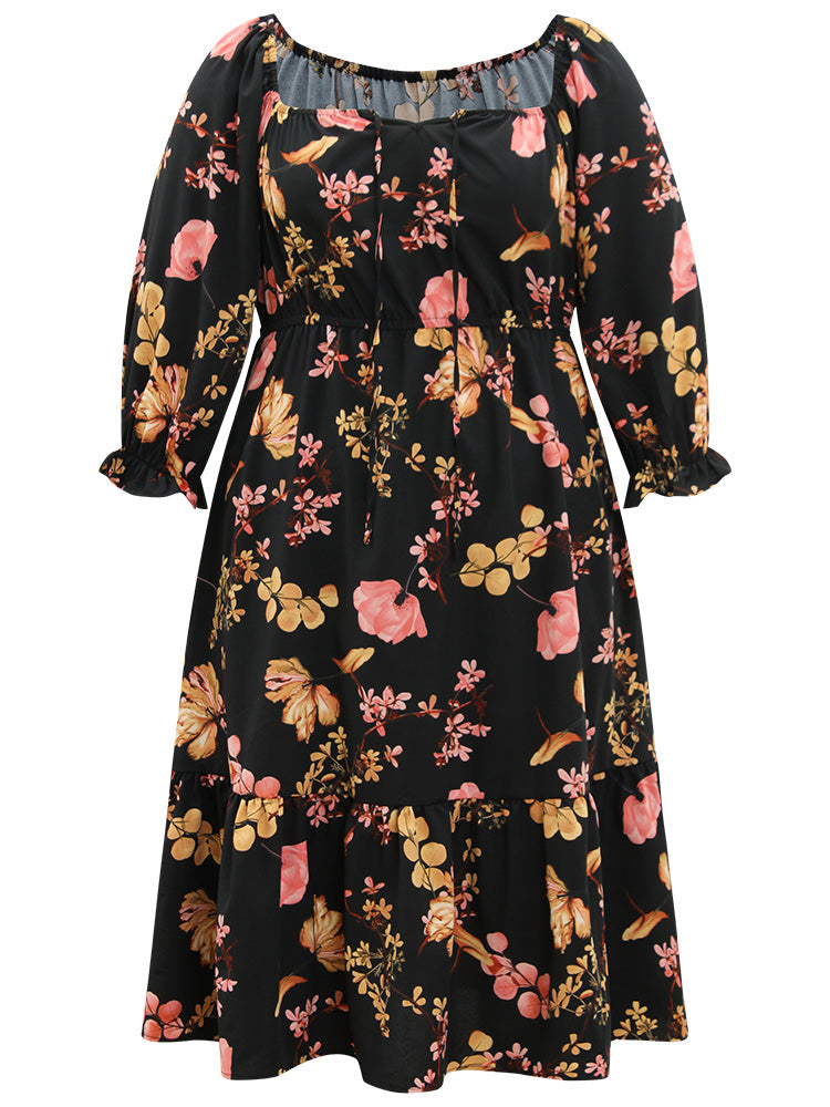 Floral Print Bowknot Flutter Trim Tiered Dress
