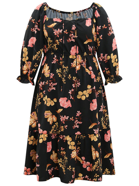 Floral Print Bowknot Flutter Trim Tiered Dress