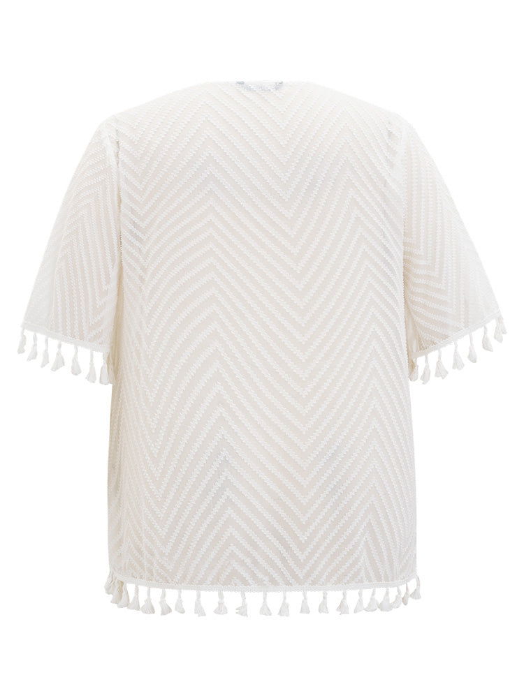 Plain Textured Tassels Trim Pocket Open Front Kimono