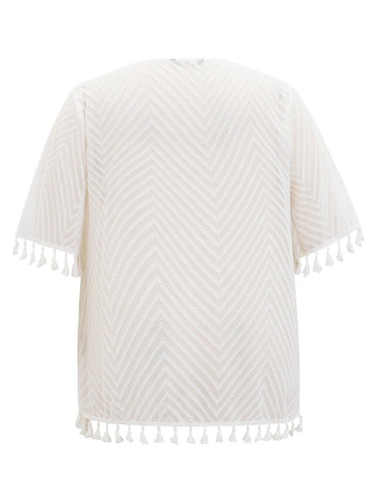 Plain Textured Tassels Trim Pocket Open Front Kimono