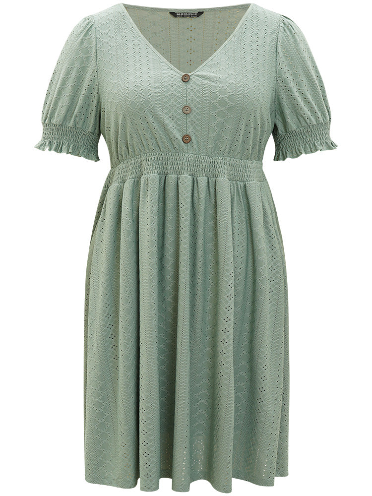 Geometric Eyelet Pocket Button Detail Shirred Dress