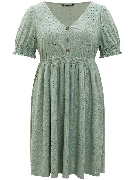 Geometric Eyelet Pocket Button Detail Shirred Dress