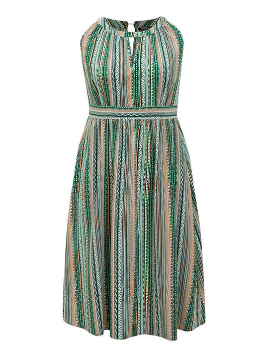 Bandana Geometric Shirred Pocket Ruffle Hem Keyhole Halter Dress