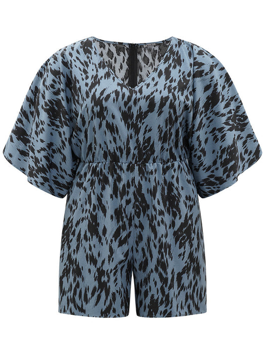Leopard Print Flounce Sleeve Pocket Elastic Waist Jumpsuit