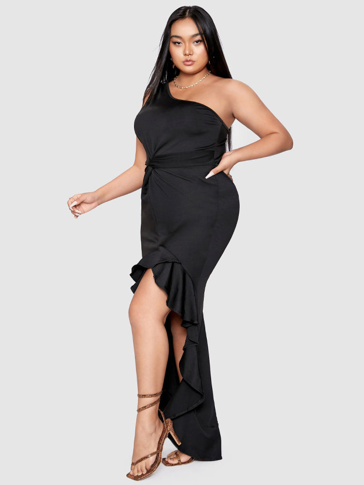 Twist-front Ruffles Irregular Hem Dress