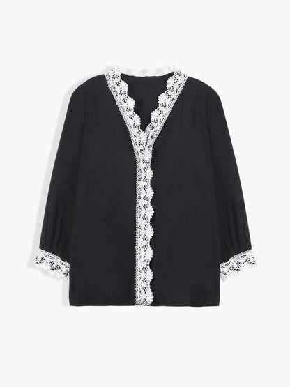 Lace Placket V-neck Blouse
