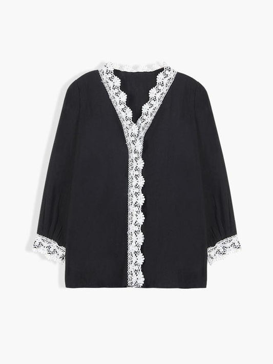 Lace Placket V-neck Blouse