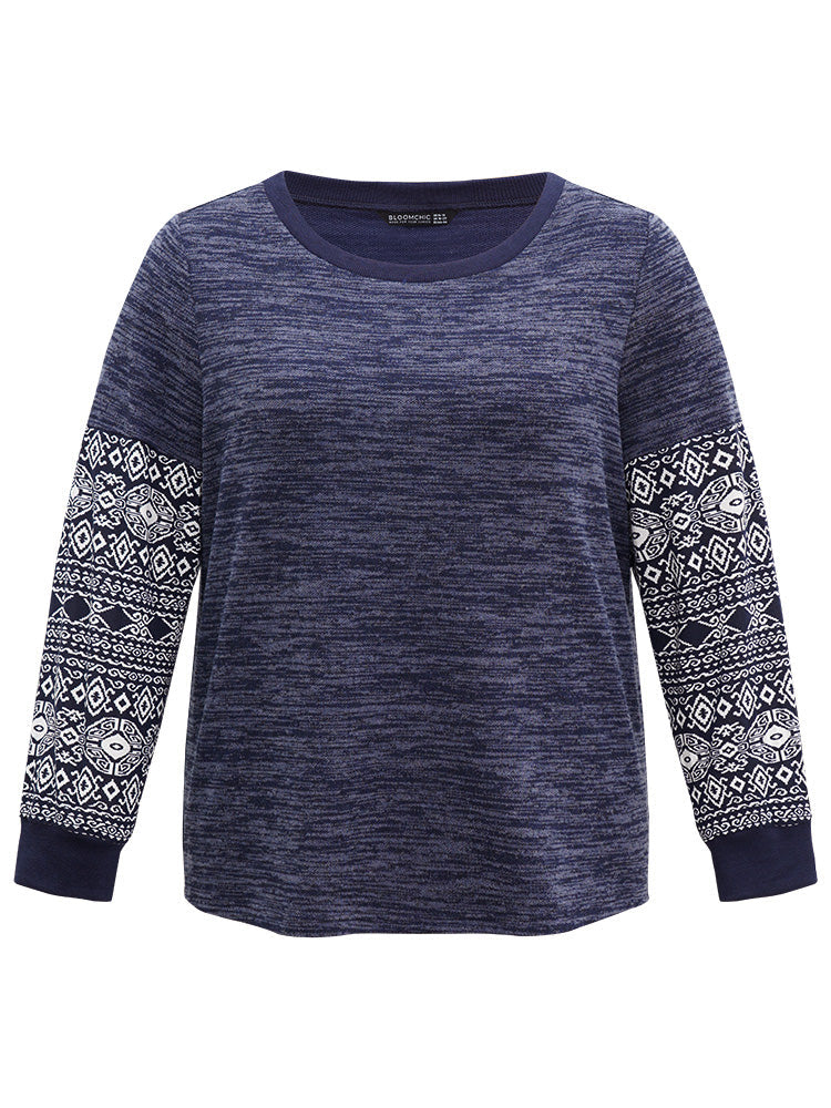 Boho Print Patchwork Heather Rib Knit Sweatshirt
