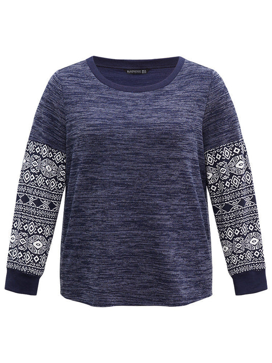 Boho Print Patchwork Heather Rib Knit Sweatshirt