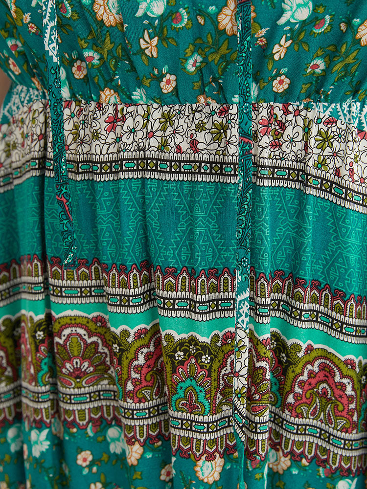 Bandana Print Lace Up Pocket Ruffles Split Hem Dress