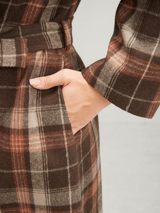 Plaid Pocket Double Breasted Belted Lapel Collar Coat