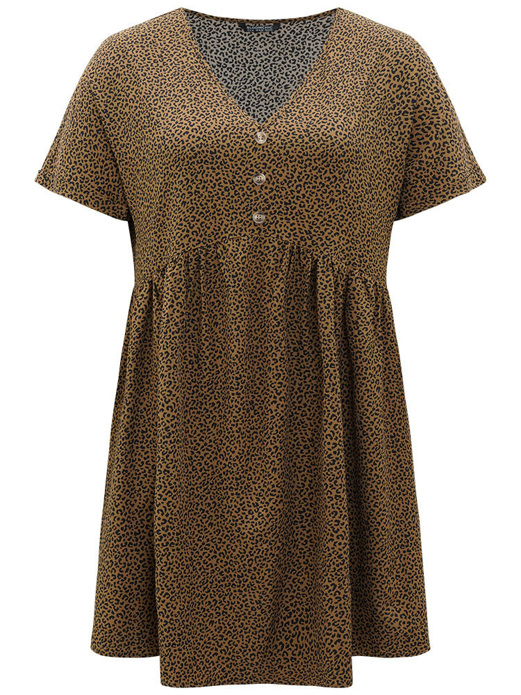 Leopard Print V Neck Button Detail Dolman Sleeve Dress