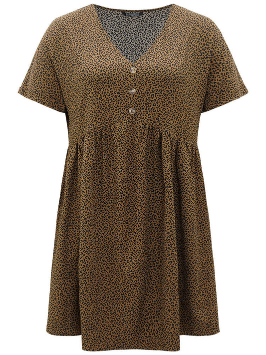 Leopard Print V Neck Button Detail Dolman Sleeve Dress