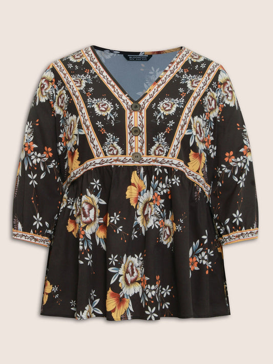 Boho Print V Neck Button Detail Gathered Blouse