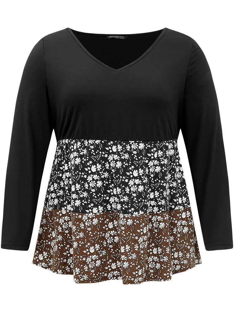 Ditsy Floral Colorblock Contrast Ruffle Hem T-shirt