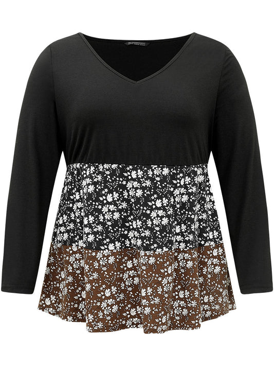 Ditsy Floral Colorblock Contrast Ruffle Hem T-shirt