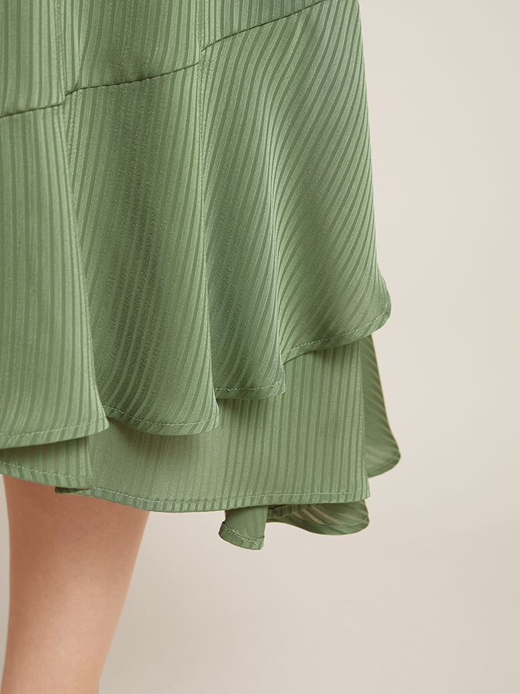 Solid Surplice Neck Shirred Rib Knit Flutter Hem Dress