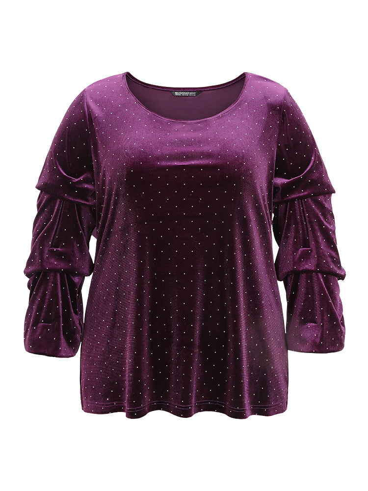 Plain Velvet Rhinestone Round Neck T-shirt