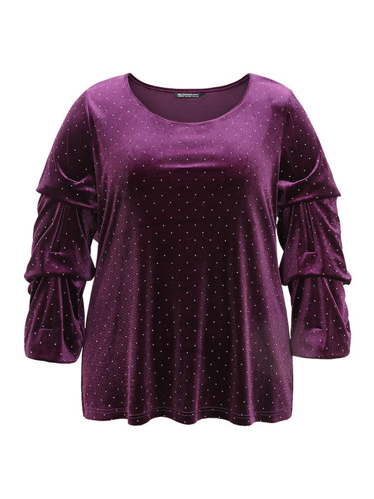 Plain Velvet Rhinestone Round Neck T-shirt