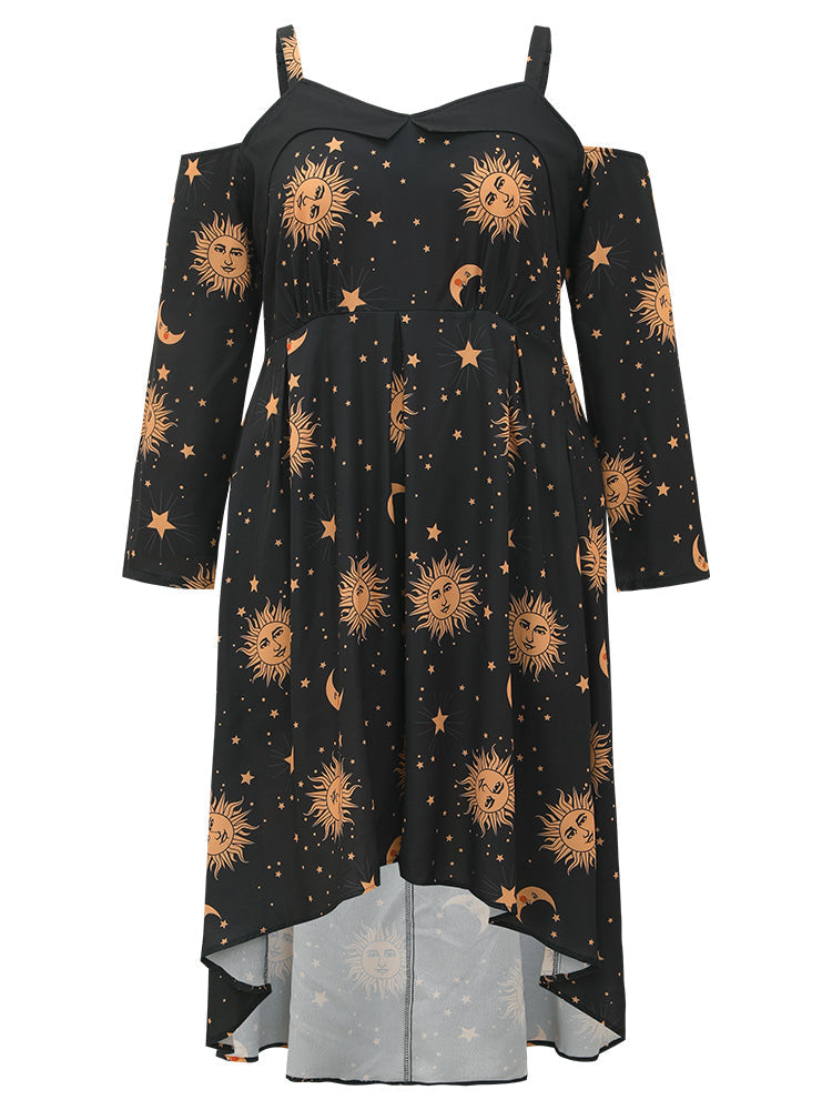 Halloween Moon & Star Cold Shoulder Pocket Elastic Waist Dress