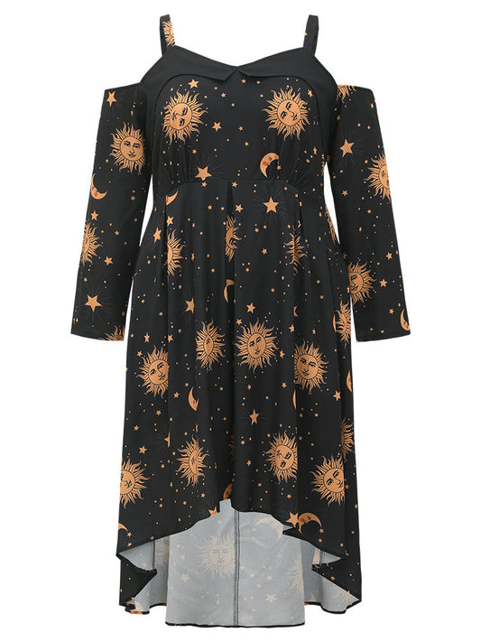 Halloween Moon & Star Cold Shoulder Pocket Elastic Waist Dress