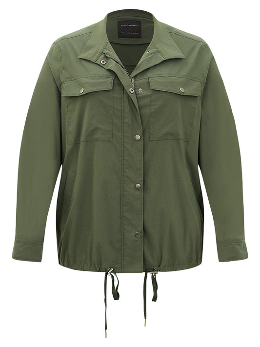 Plain Drawstring Hem Zipper Fly Flap Pocket Jacket