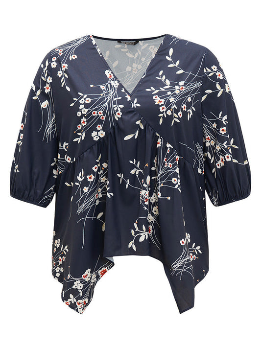 Floral Print Gathered Lantern Sleeve Asymmetrical Hem Blouse