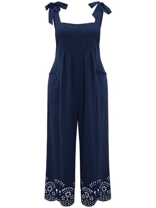Solid Pleated Patched Pocket Laser Cut Overall Jumpsuit