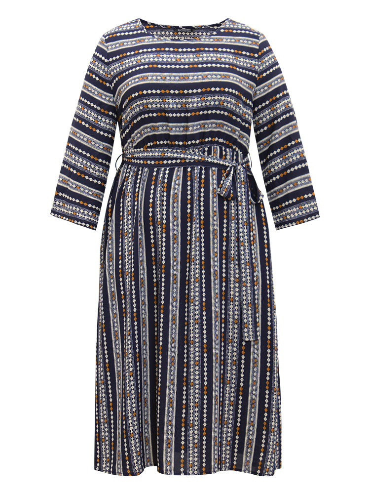 Striped Geometric Patchwork Belted Pocket Dress