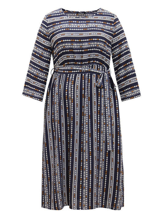 Striped Geometric Patchwork Belted Pocket Dress