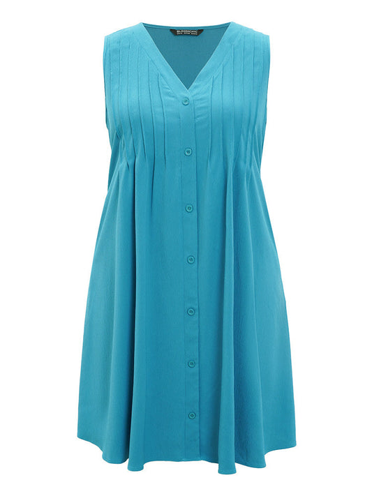 Solid Plicated Detail Button Through Tank Dress