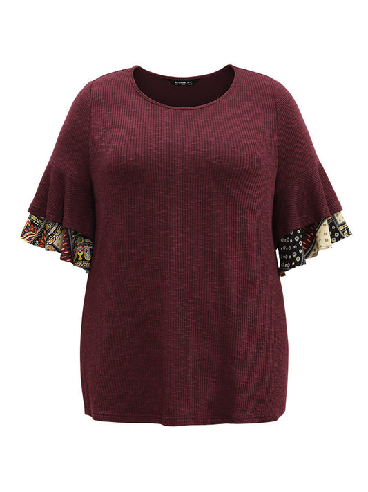 Textured Tiered Ruffle Sleeve Patchwork Boho Print T-shirt