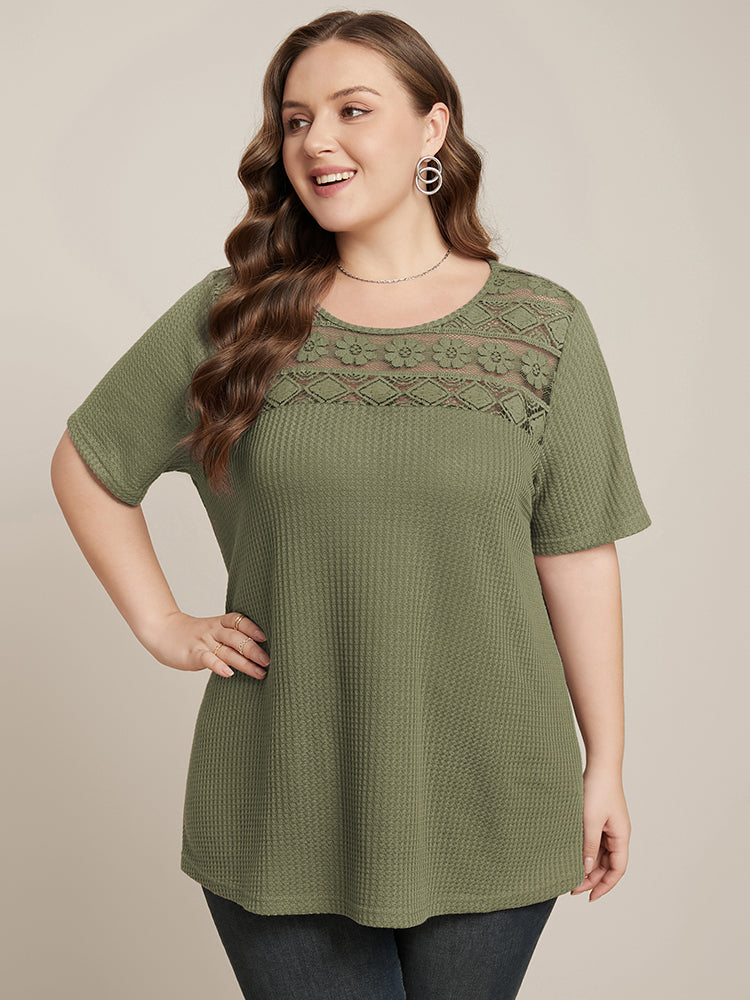 Plain Round Neck Lace Insert Waffle Knit Tee