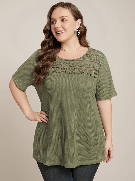 Plain Round Neck Lace Insert Waffle Knit Tee
