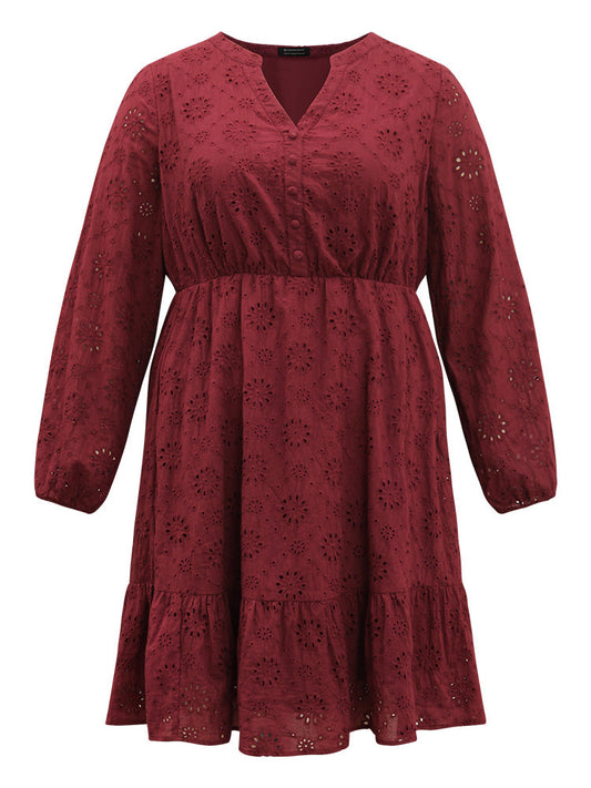 Plain Geometric Eyelet Notched Lantern Sleeve Dress