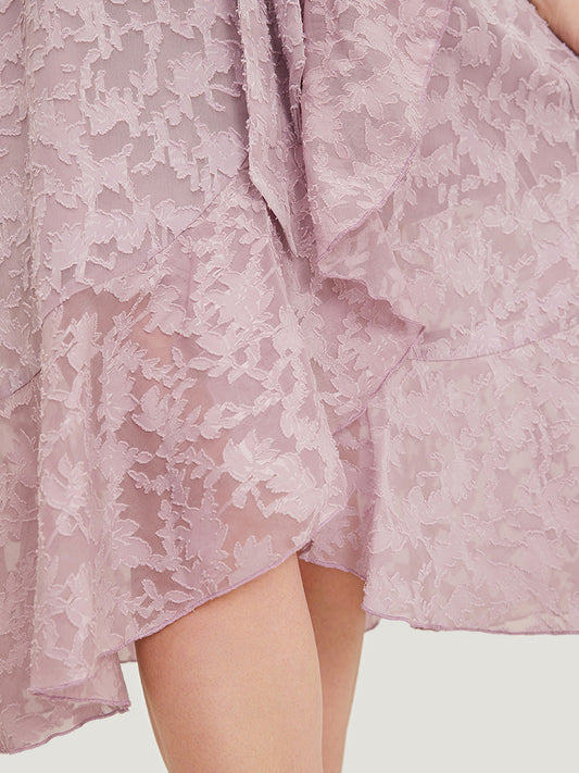 Plain Floral Pocket Belted Mesh Ruffle Trim Wrap Midi Dress