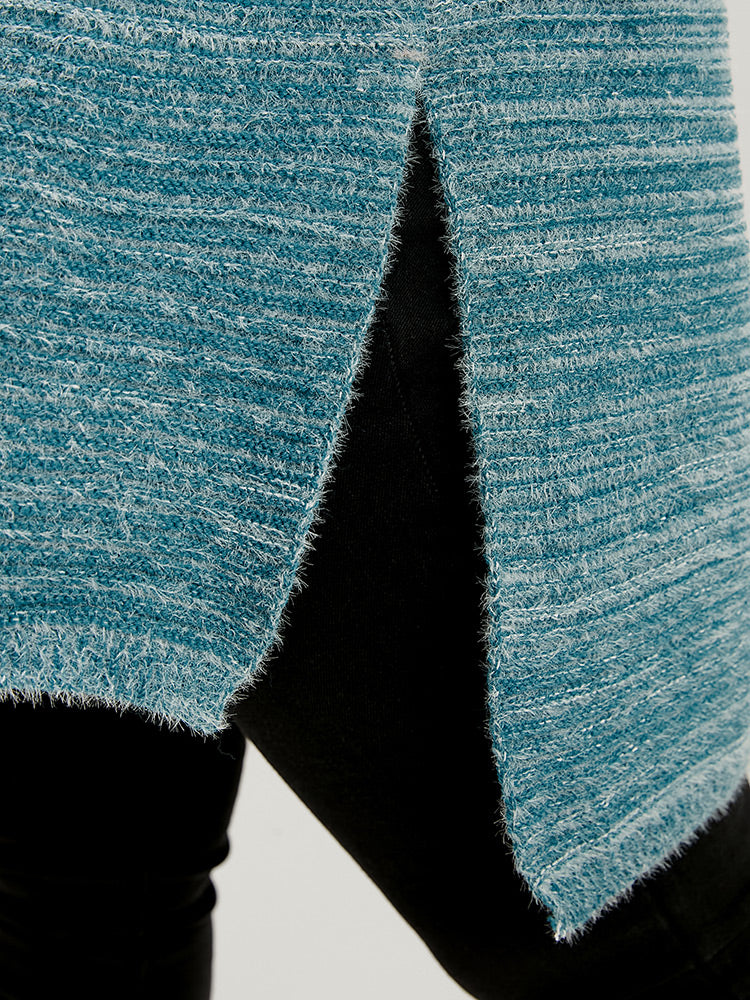 Solid Pointelle Knit Split Hem Funnel Neck Fluffy Knit Top