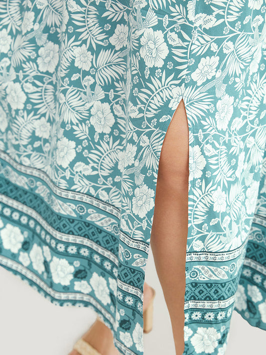 Bandana Print Split Hem Pocket Wrap Ruffle Sleeve Dress