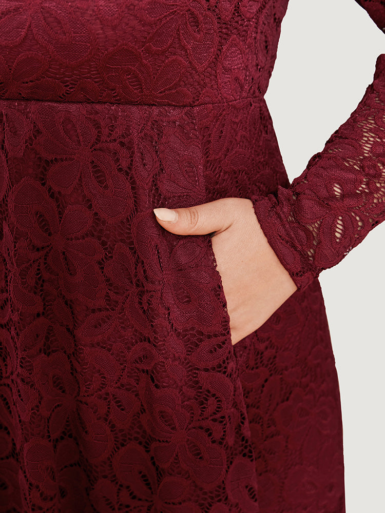 Solid Pocket Crochet Lace Off Shoulder Dress