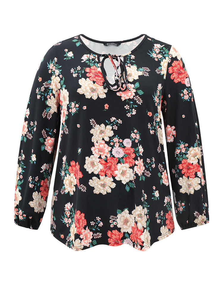 Floral Tie Neck Lantern Sleeve T-shirt