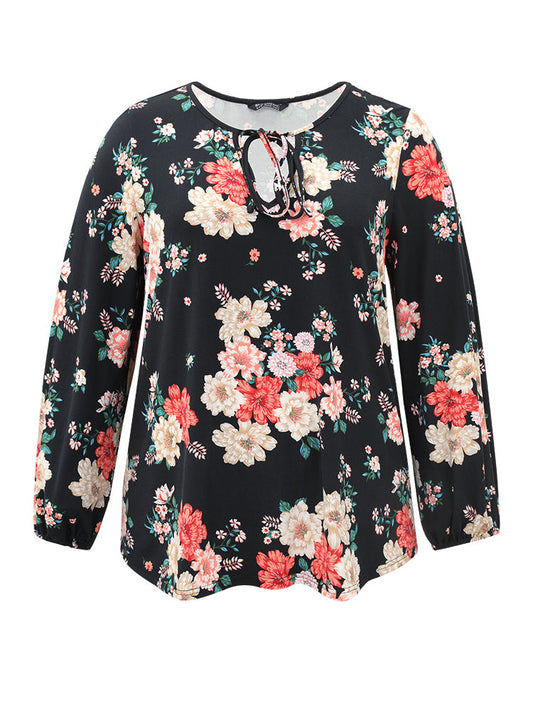 Floral Tie Neck Lantern Sleeve T-shirt