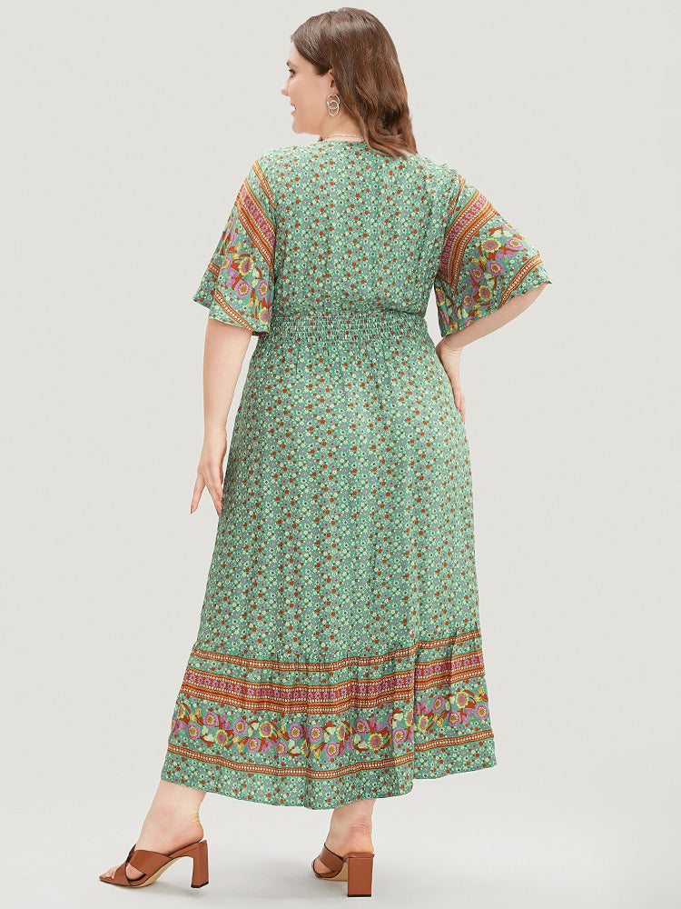 Bandana Print Surplice Neck Pocket Shirred Ruffles Dress